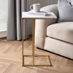 OHS Marble Effect C-Shaped Coffee Table Sofa Desk in White - thumbnail 1