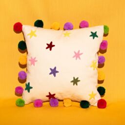 Raspberry Blossom Tufted Stars Cushion with Pom Poms - Size: 40 cm x 40 cm - thumbnail 1
