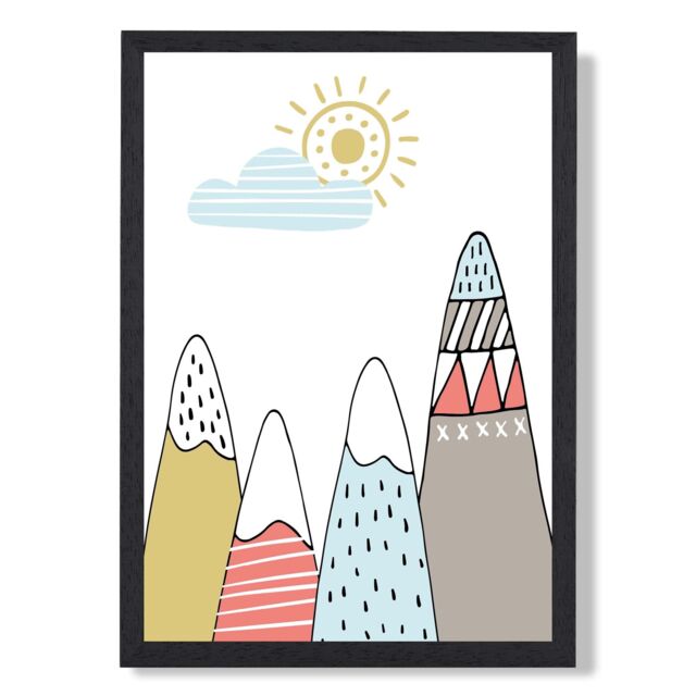 ARTZE Cute Scandi Mountains Framed Print SIZE: A2 with Black Frame in Pale Blue - Size: A4 - image 1
