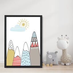 ARTZE Cute Scandi Mountains Framed Print SIZE: A2 with Black Frame in Pale Blue - Size: A4 - thumbnail 2