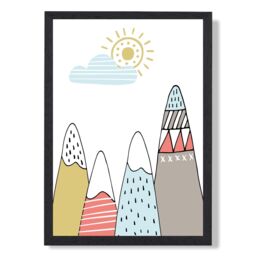 ARTZE Cute Scandi Mountains Framed Print SIZE: A2 with Black Frame in Pale Blue - Size: A4 - thumbnail 1