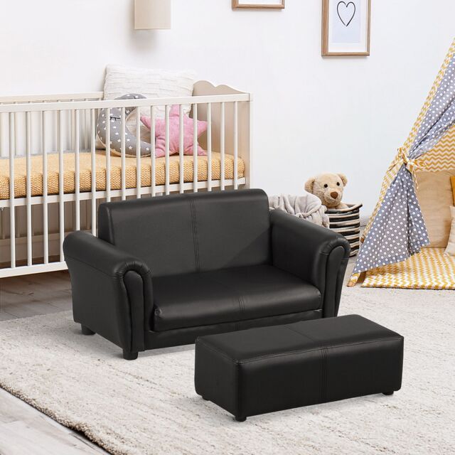 HOMCOM Kids Twin Sofa 2 Seater Toddler Chair Double Seat Armchair w/ Footstool in Black - image 1