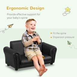 HOMCOM Kids Twin Sofa 2 Seater Toddler Chair Double Seat Armchair w/ Footstool in Black - thumbnail 4