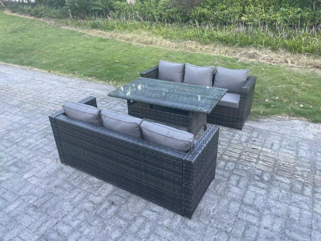 Fimous PE Wicker Outdoor Garden Furniture Set Patio Rattan Rectangular Dining Table Sofa 6 Seater in Dark Grey - image 1