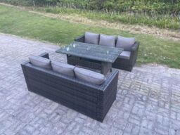 Fimous PE Wicker Outdoor Garden Furniture Set Patio Rattan Rectangular Dining Table Sofa 6 Seater in Dark Grey - thumbnail 2