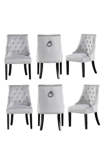 Life Interiors Set of 6 'Windsor' Knocker Back Velvet Dining Chairs Solid Wood Legs in Light Grey - image 1