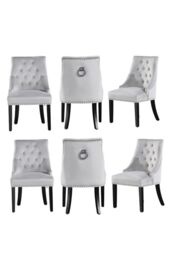 Life Interiors Set of 6 'Windsor' Knocker Back Velvet Dining Chairs Solid Wood Legs in Light Grey