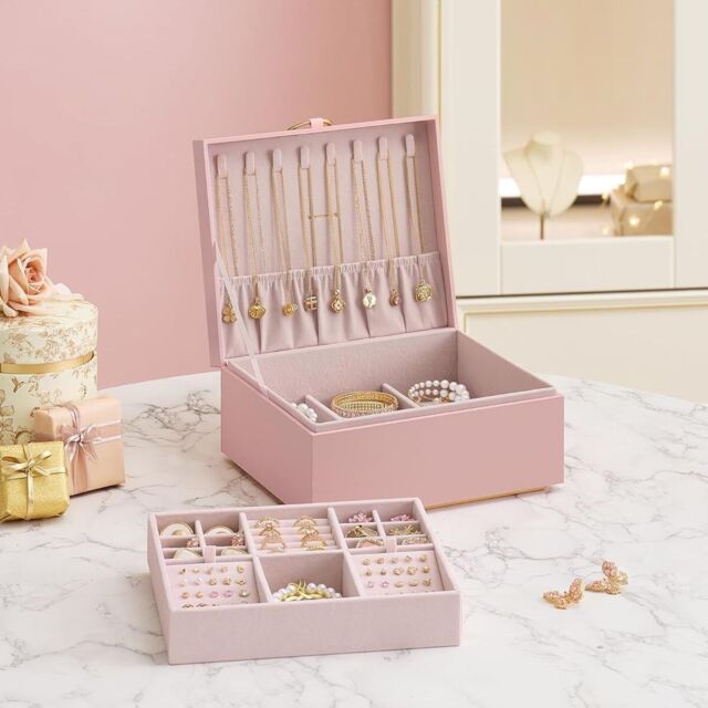 SONGMICS Two Layer Jewellery Box with Handle & Removable Tray in Light Pink