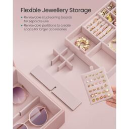 SONGMICS Two Layer Jewellery Box with Handle & Removable Tray in Light Pink - thumbnail 5
