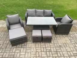 Fimous Outdoor Rattan Furniture Garden Dining Set Rising lifting Table & Chair Set With Lounge Sofa 3 Footstools in Dark Grey - thumbnail 2