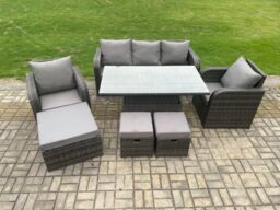 Fimous Outdoor Rattan Furniture Garden Dining Set Rising lifting Table & Chair Set With Lounge Sofa 3 Footstools in Dark Grey - thumbnail 1