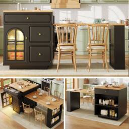 BTM Extendable Bar Table Storage Drawers LED Kitchen Island Table in Black - thumbnail 1