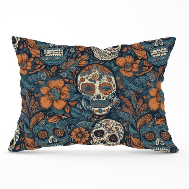 Warren Reed - Designer Dia De Los Muertos Skulls Pattern Cushions in Blue - Size: 60 cm x 60 cm - image 1
