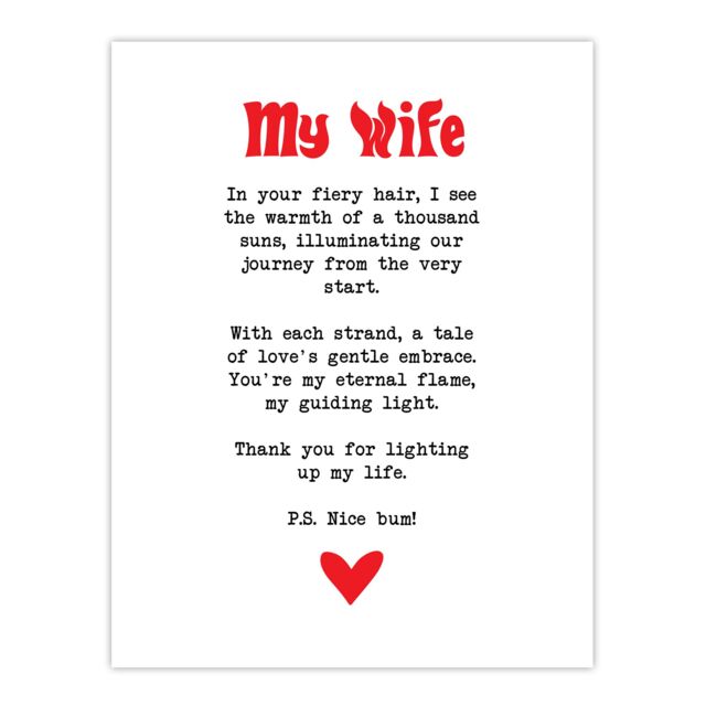 "Artery8 Love Poem Ginger Wife Romantic Funny Wall Art Print in White - Size: W24"" x H32""" - image 1
