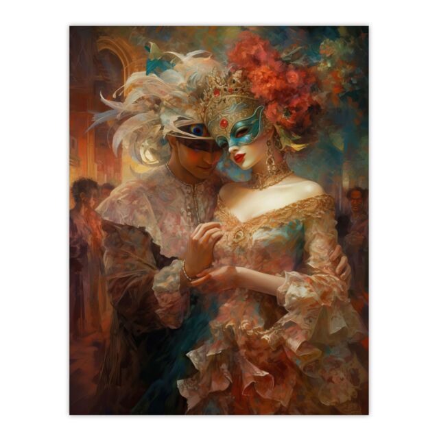 "Artery8 Venetian Masked Ball Romantic Painting Unframed Wall Art Print Poster Home Decor Premium - Size: W12"" x H16""" - image 1
