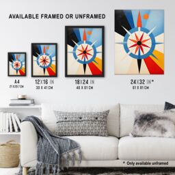 Artery8 Wall Art Print Follow the Sun Abstract Geometric Oil Painting Blue Orange Cream Compass Star Hilma af Klint Style Artwork Framed - Size: A4 - thumbnail 3