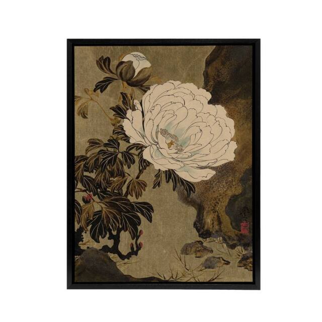 "Artery8 Shibata Zeshin Peonies Framed Canvas Floral Japanese Wall Art Print in Brown - Size: W12"" x H16""" - image 1