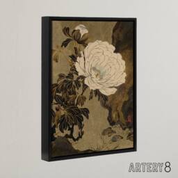 "Artery8 Shibata Zeshin Peonies Framed Canvas Floral Japanese Wall Art Print in Brown - Size: W12"" x H16""" - thumbnail 2