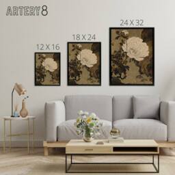 "Artery8 Shibata Zeshin Peonies Framed Canvas Floral Japanese Wall Art Print in Brown - Size: W12"" x H16""" - thumbnail 4