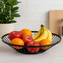 Orsina Flat Fruit Basket With Matte Black Frame, Sleek Wire Design For Stylish Countertop Storage, Metal Basket - thumbnail 2