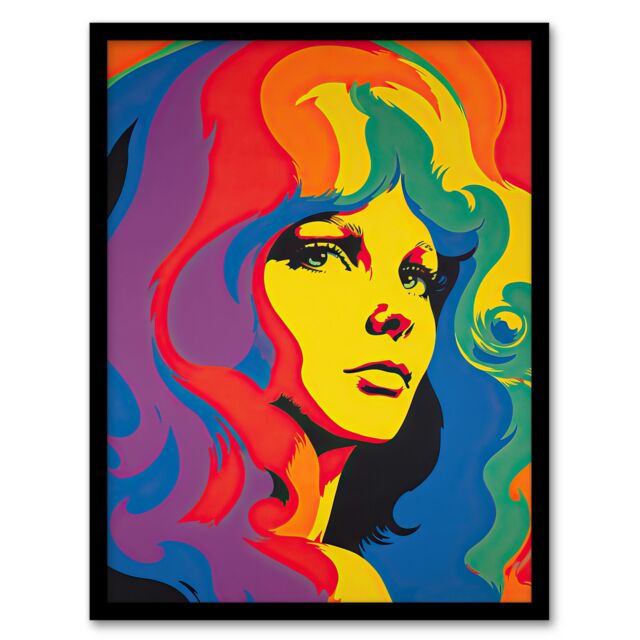 "Artery8 Wall Art Print 1960's Retro Portrait Woman Psychedelic Rainbow Colours Vibrant Bold Bright Colourful Painting Art Framed - Size: W12"" x H16""" - image 1
