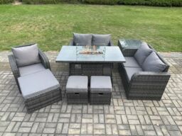 Fimous Outdoor Sofa Rattan Garden Furniture Set Patio Gas Fire Pit Dining Table & Reclining Chair set with Side Table 3 Footstools in Dark Grey - thumbnail 1