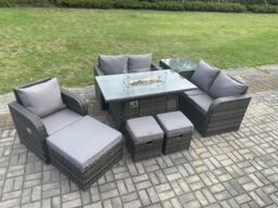 Fimous Outdoor Sofa Rattan Garden Furniture Set Patio Gas Fire Pit Dining Table & Reclining Chair set with Side Table 3 Footstools in Dark Grey - thumbnail 3