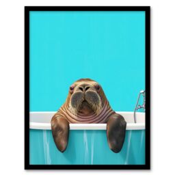 "Artery8 Bath Time Cute Walrus in Bathtub Vibrant Fun Framed Art Print in Blue - Size: W12"" x H16""" - thumbnail 1