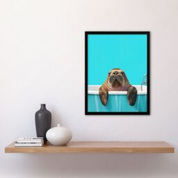 "Artery8 Bath Time Cute Walrus in Bathtub Vibrant Fun Framed Art Print in Blue - Size: W12"" x H16""" - thumbnail 4