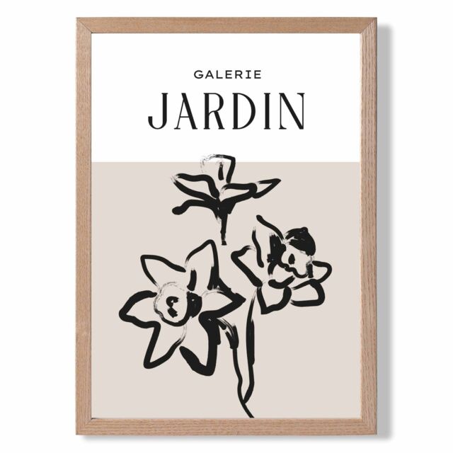 ARTZE Beige & Black Daffodil Boho Sketch Floral Framed Print SIZE: A3 with Oak Frame - image 1