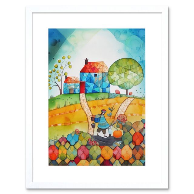 "Artery8 Wall Art Print Farmer Heading Home Folk Art Watercolour Painting Artwork Framed 9X7 Inch in White - Size: W7"" x H9""" - image 1