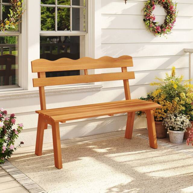 Costway Outdoor Wood Bench 2-Person Garden Bench Outside Seating w/Backrest in Natural - image 1