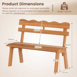 Costway Outdoor Wood Bench 2-Person Garden Bench Outside Seating w/Backrest in Natural - thumbnail 2