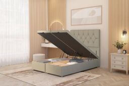 Somnior Ziggy Linen Fabric Ottoman Bed Base with Floor Standing Headboard in Beige - Size: Single - thumbnail 1