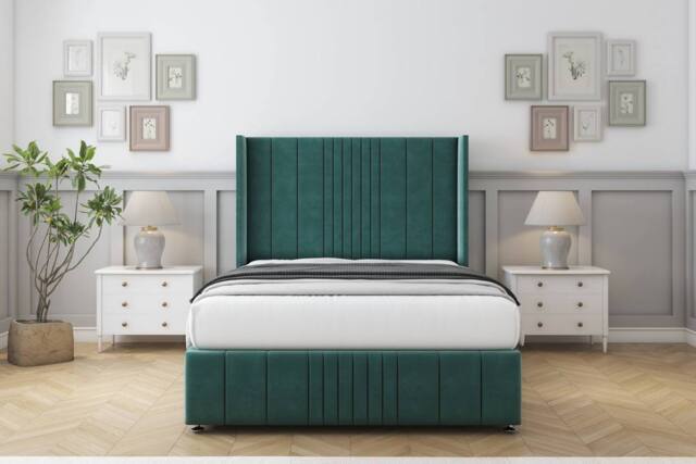 "Comfort Beds Grace Plush Divan Base No Drawers - 54"" Wingback-Footboard in Emerald - Size: Double" - image 1