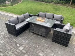 Fimous Outdoor Rattan Garden Furniture Sofa Set Gas Fire Pit Dining Table Gas Heater Burner Armchair 7 Seater in Dark Grey - thumbnail 3