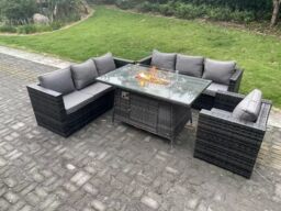 Fimous Outdoor Rattan Garden Furniture Sofa Set Gas Fire Pit Dining Table Gas Heater Burner Armchair 7 Seater in Dark Grey - thumbnail 1