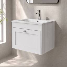 Balterley 600mm Wall Hung 1 Drawer Unit with Stone Basin 1 Tap Hole, Satin White - thumbnail 4