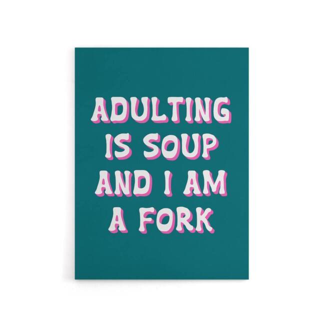 "Artery8 Adulting Is Soup & I A Am Fork Teal Blue Funny Canvas Wall Art Print - Size: W24"" x H32""" - image 1