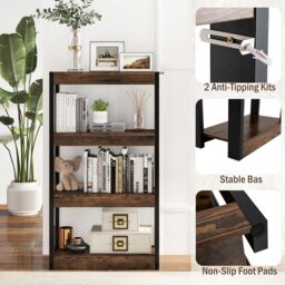 Costway 4 Tier Bookshelf Wooden Bookcase with Dual Anti-Tipping Kits-Coffee in Brown - thumbnail 5