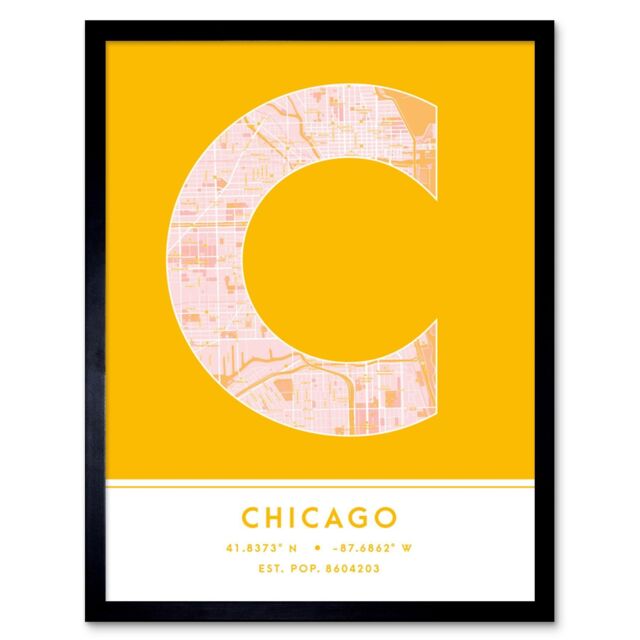 "Wee Blue Coo Wall Art Print Chicago Illinois United States City Map Modern Typography Stylish Letter Framed Word in Yellow - Size: W12"" x H16""" - image 1