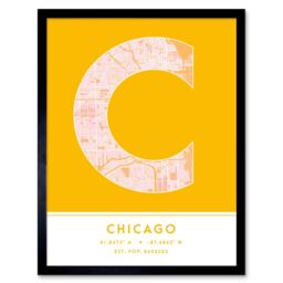 "Wee Blue Coo Wall Art Print Chicago Illinois United States City Map Modern Typography Stylish Letter Framed Word in Yellow - Size: W12"" x H16""" - thumbnail 1