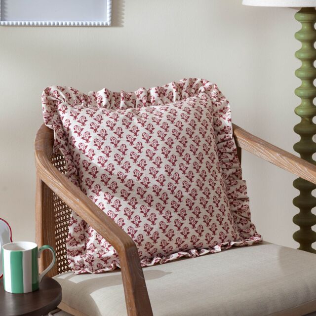 Furn Lulah Block Printed Ruffle Cushion in Red - Size: 45 cm x 45 cm - image 1