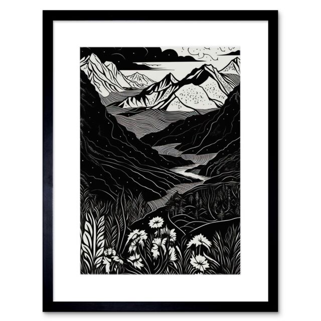 "Artery8 Wall Art Print Wildflowers in Spring Mountain Landscape Linocut Artwork Framed 9X7 Inch in Black - Size: W7"" x H9""" - image 1