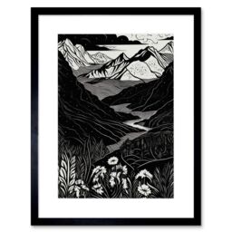 "Artery8 Wall Art Print Wildflowers in Spring Mountain Landscape Linocut Artwork Framed 9X7 Inch in Black - Size: W7"" x H9""" - thumbnail 1