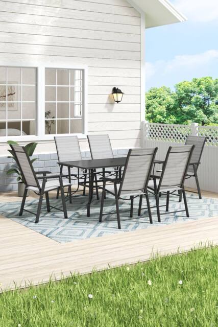 H&O Direct Outdoor Garden Metal Slatted Coffee Table & Six Chairs in Black - image 1