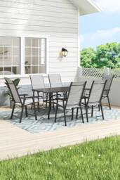 H&O Direct Outdoor Garden Metal Slatted Coffee Table & Six Chairs in Black - thumbnail 1