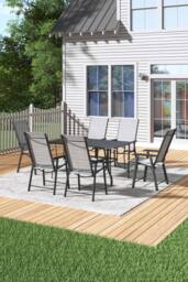 H&O Direct Outdoor Garden Metal Slatted Coffee Table & Six Chairs in Black - thumbnail 2