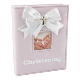 Happy Homewares White Faux-Silk Bow & Silver Plated Cross Christening Photo Album in Pink