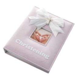 Happy Homewares White Faux-Silk Bow & Silver Plated Cross Christening Photo Album in Pink - thumbnail 2